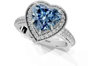 Milgrain Halo Engagement Ring Setting for Fancy Blue Heart-Shaped Center with Three-Sided Pave Band and Prong Head in Sterling Silver
