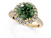 Halo Engagement Ring Setting for Fancy Green Round Cut Center with Raised Halo, Pave Band and Prong Head in Yellow Gold