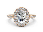 Pave Halo Engagement Ring Setting for Oval Center with Single Row Pave Band and Prong Head in Rose Gold