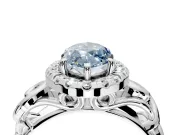 Halo Engagement Ring Setting for Fancy Blue Marquise Center with Open Scroll Shoulders and Prong Head in Platinum