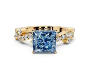 Solitaire Engagement Ring Setting for Fancy Blue Princess Cut Center with Bar-Station Pave Twist and Prong Head in Yellow Gold