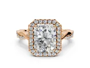Halo Engagement Ring Setting for Radiant Cut Center with Twist Band and Prong Head in Rose Gold
