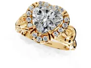 Halo Engagement Ring Setting for Heart-Shaped Center with Open Scroll Shoulders and Prong Head in Yellow Gold