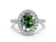Halo Engagement Ring Setting for Fancy Green Oval Center with Narrowing Pave Band and Prong Head in Sterling Silver