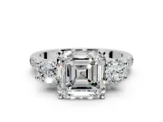 3 Stone Engagement Ring Setting for Asscher Cut Center with Crossover Basket, Pave Band and Prong Head in Platinum