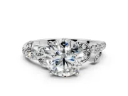 Leaf Motif Engagement Ring Setting for Round Cut Center with Pave Band and Prong Head in Platinum