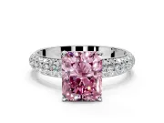 Solitaire Engagement Ring Setting for Fancy Pink Radiant Cut Center with Domed Multi-Row Pave Band and Prong Head in White Gold