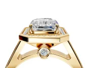 Halo Engagement Ring Setting for Emerald Cut Center with Outer Bezel Rim, Pave Band and Prong Head in Yellow Gold