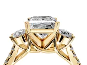 3 Stone Engagement Ring Setting for Princess Cut Center with Crossover Basket, Pave Band and Prong Head in Yellow Gold