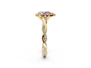 Halo Engagement Ring Setting for Fancy Pink Pear-Shaped Center with Pave and Plain Twist Band and Prong Head in Yellow Gold
