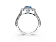 Milgrain Halo Engagement Ring Setting for Fancy Blue Cushion Cut Center with Bezel Point Accents and Prong Head in White Gold
