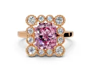 Cluster Halo Engagement Ring Setting for Fancy Pink Radiant Cut Center with Milgrain Bezel Accents and Prong Head in Rose Gold