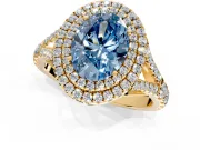 Double Halo Engagement Ring Setting for Fancy Blue Oval Center with Narrow Pave Split Shank and Prong Head in Yellow Gold