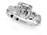 Leaf Engagement Ring Setting for Asscher Cut Center with Milgrain Accent Band and Prong Head in White Gold