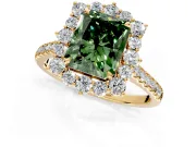 Halo Engagement Ring Setting for Fancy Green Radiant Cut Center with Single-Row Pave, Open Basket and Prong Head in Yellow Gold