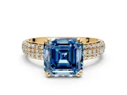 Solitaire Engagement Ring Setting for Fancy Blue Asscher Cut Center with Multi-Row Pave Accents and Basket Head in Yellow Gold