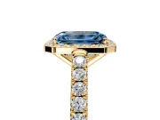 Halo Engagement Ring Setting for Fancy Blue Emerald Cut Center with Full Pave Band and Prong Head in Yellow Gold