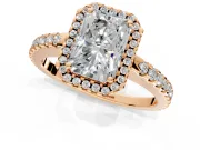 Accent Halo Engagement Ring Setting for Radiant Cut Center with Full-Length Pave Band and Prong Head in Rose Gold