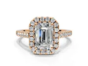 Halo Engagement Ring Setting for Emerald Cut Center with Narrowing Pave Band and Prong Head in Rose Gold