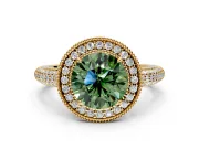 Milgrain Halo Engagement Ring Setting for Fancy Green Round Cut Center with Three-Sided Pave Band and Prong Head in Yellow Gold