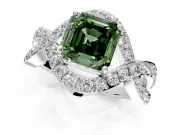 Halo Engagement Ring Setting for Fancy Green Asscher Cut Center with Pave Infinity Twist Band and Prong Head in White Gold