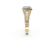 Halo Engagement Ring Setting for Fancy Blue Princess Cut Center with Narrow Pave Split Shank and Prong Head in Yellow Gold