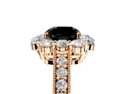 Halo Engagement Ring Setting for Fancy Black Cushion Cut Center with Milgrain Channel Band and Prong Head in Rose Gold