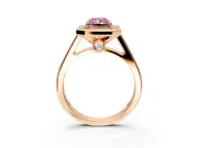Halo Engagement Ring Setting for Fancy Pink Radiant Cut Center with Outer Bezel Rim, Pave Band and Prong Head in Rose Gold