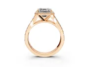 Halo Engagement Ring Setting for Asscher Cut Center with Narrow Pave Split Shank and Prong Head in Rose Gold