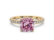 Solitaire Engagement Ring Setting for Fancy Pink Cushion Cut Center with Fine Pave Band and Prong Head in Yellow Gold