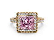 Milgrain Floral Halo Engagement Ring Setting for Fancy Pink Princess Cut Center with Pave Band and Prong Head in Yellow Gold