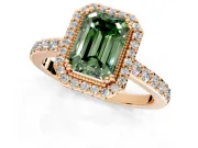 Halo Engagement Ring Setting for Fancy Green Emerald Cut Center with Inner Milgrain Border and Prong Head in Rose Gold