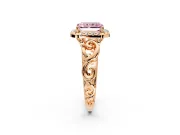 Halo Engagement Ring Setting for Fancy Pink Radiant Cut Center with Open Scroll Shoulders and Prong Head in Rose Gold