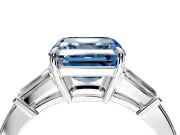 3 Stone Engagement Ring Setting for Fancy Blue Asscher Cut Center with Baguette Accents and Prong Head in Platinum