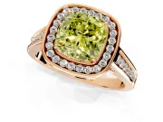 Halo Engagement Ring Setting for Fancy Yellow Cushion Cut Center with Outer Bezel Rim, Pave Band and Prong Head in Rose Gold