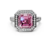 Halo Engagement Ring Setting for Fancy Pink Asscher Cut Center with Outer Bezel Rim, Pave Band and Prong Head in White Gold