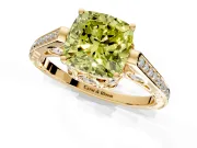 Cathedral Engagement Ring Setting for Fancy Yellow Cushion Cut Center with Antique-Style Pave Band and Prong Head in Yellow Gold