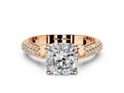 Solitaire Engagement Ring Setting for Cushion Cut Center with Multi-Row Accents and Prong Head in Rose Gold