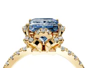 Halo Engagement Ring Setting for Fancy Blue Princess Cut Center with Openwork Halo, Pave Band and Prong Head in Yellow Gold