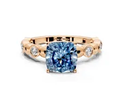 Solitaire Engagement Ring Setting for Fancy Blue Cushion Cut Center with Beaded Bezel Station Band and Prong Head in Rose Gold