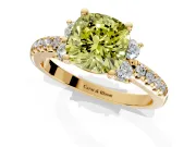 Paired Accent Engagement Ring Setting for Fancy Yellow Cushion Cut Center with Pave Band and Prong Head in Yellow Gold