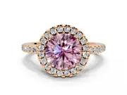 Pave Halo Engagement Ring Setting for Fancy Pink Round Cut Center with Single Row Pave Band and Prong Head in Rose Gold