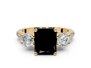 3 Stone Engagement Ring Setting for Fancy Black Radiant Cut Center with Crossover Basket, Pave Band and Prong Head in Yellow Gold