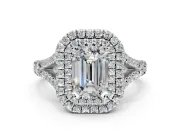 Double Halo Engagement Ring Setting for Emerald Cut Center with Narrow Pave Split Shank and Prong Head in White Gold
