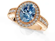 Milgrain Halo Engagement Ring Setting for Fancy Blue Oval Center with Pave Band and Prong Head in Rose Gold