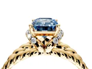 Halo Engagement Ring Setting for Fancy Blue Emerald Cut Center with Rope Twist Split Shank and Prong Head in Yellow Gold