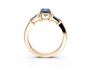 3 Stone Engagement Ring Setting for Fancy Blue Emerald Cut Center with Baguette Accents and Prong Head in Rose Gold