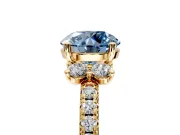 Paired Accent Engagement Ring Setting for Fancy Blue Round Cut Center with Pave Band and Prong Head in Yellow Gold