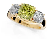 3 Stone Engagement Ring Setting for Fancy Yellow Cushion Cut Center with Raised Basket Heads and Prong Head in Yellow Gold