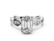 Solitaire Engagement Ring Setting for Emerald Cut Center with Accented Twist Band and Leaf Prong Head in Sterling Silver